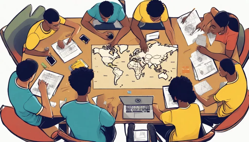 Estudantes universitários do Brasil e dos EUA, planejando estratégias em torno de uma mesa com mapa mundial, representando liderança e empreendedorismo.