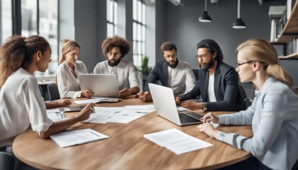 Grupo de seis pessoas organizando a comissão de formatura em uma sala de reuniões moderna com laptops e papéis sobre a mesa.