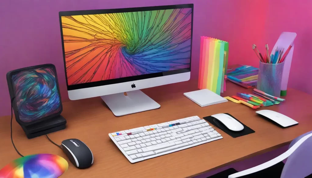 Monitor exibindo paleta de cores RGB ao lado de uma impressora com paleta de cores CMYK, mostrando a diferença entre RGB e CMYK para produtos personalizados de qualidade.