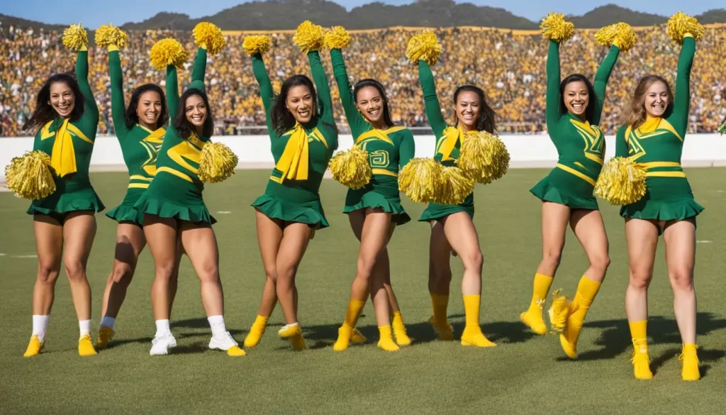 Equipe de cheerleading universitária no Brasil realizando acrobacias em campo com uniformes verde e amarelo, com público ao fundo.