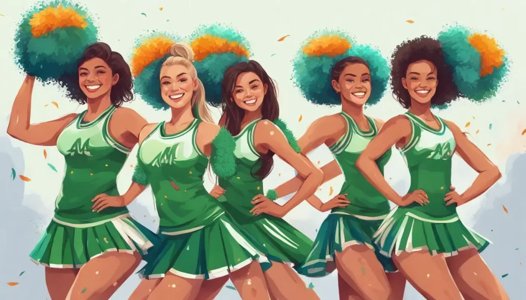 Cheerleaders uniformizados formando pirâmide humana em campo verde com pompons coloridos em mãos e céu azul, ilustrando o esporte cheerleading.