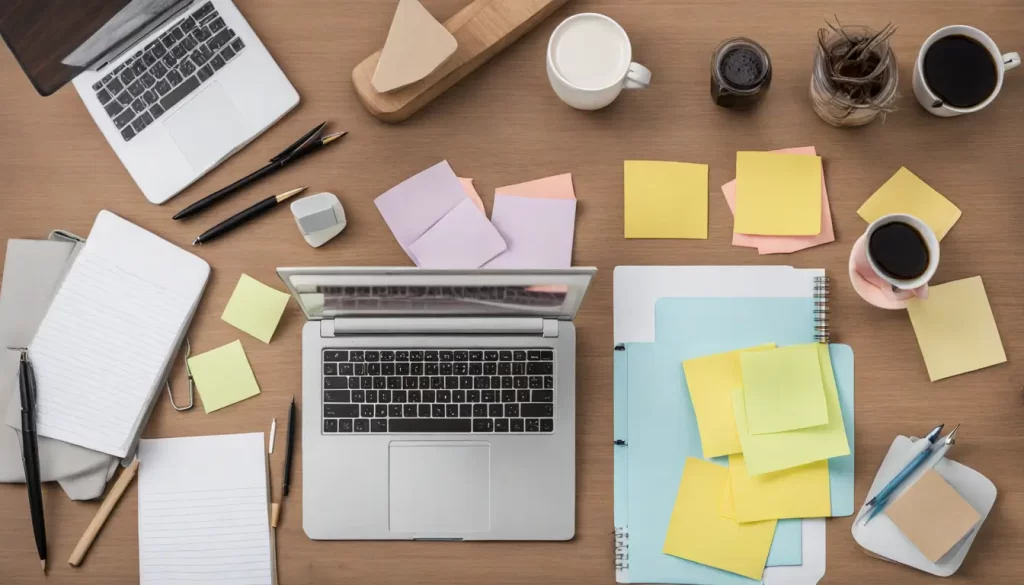 Mesa de escritório com laptop, gráficos de pesquisa, caderno, caneta, café e parede com post-its, gráficos e fotos de produtos personalizados.