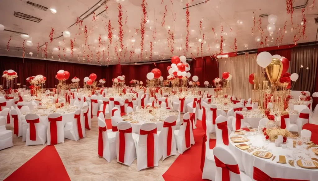 Imagem de uma formatura memorável com decoração em vermelho e dourado, becas pretas, um bolo de três camadas e uma faixa de "Parabéns Formandos!"