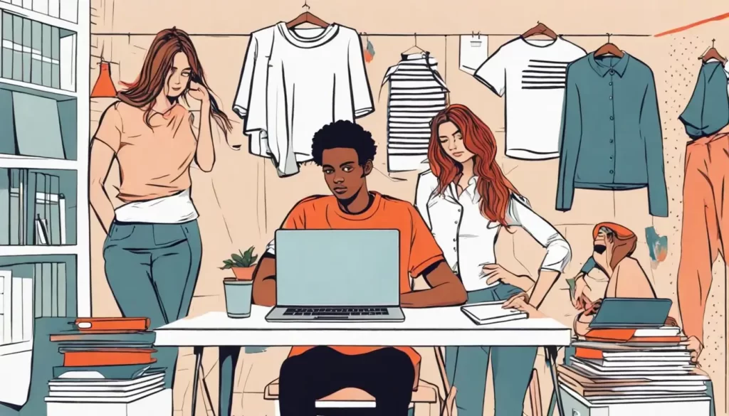 Jovem em roupas formais em um processo seletivo, sentada em uma mesa com laptop e papéis, com pessoas discutindo ao fundo em um escritório moderno.