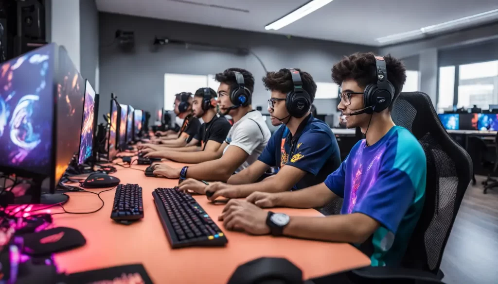 Grupo de estudantes universitários jogando eSports em uma sala moderna com computadores e monitores grandes, destacando a colaboração e o planejamento.