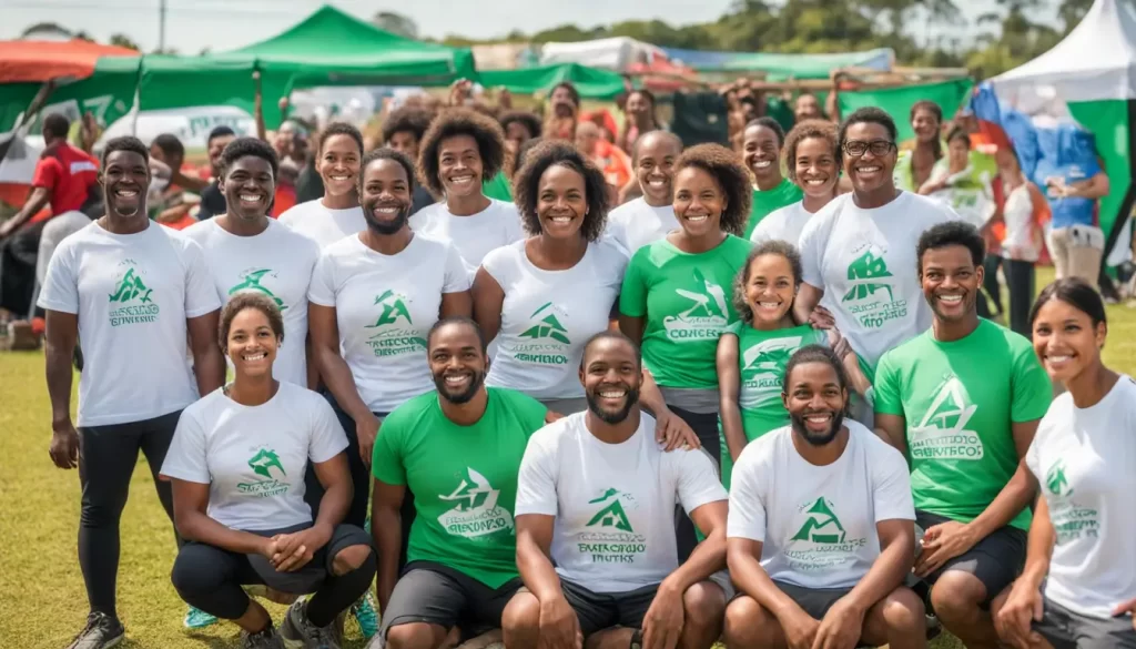 Pessoas diversas em camisetas esportivas com logotipo de atlética segurando faixa de Gestão de Comunidades em campo verde com árvores e céu claro ao fundo.