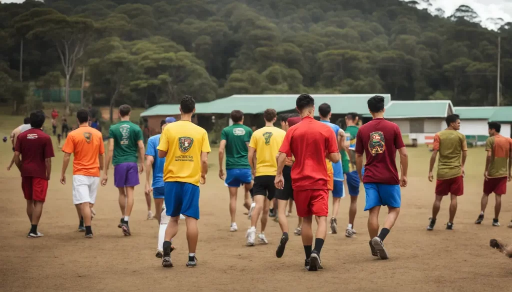 Estudantes universitários jogando futebol em um campo gramado, com arquibancada cheia de torcedores ao fundo.