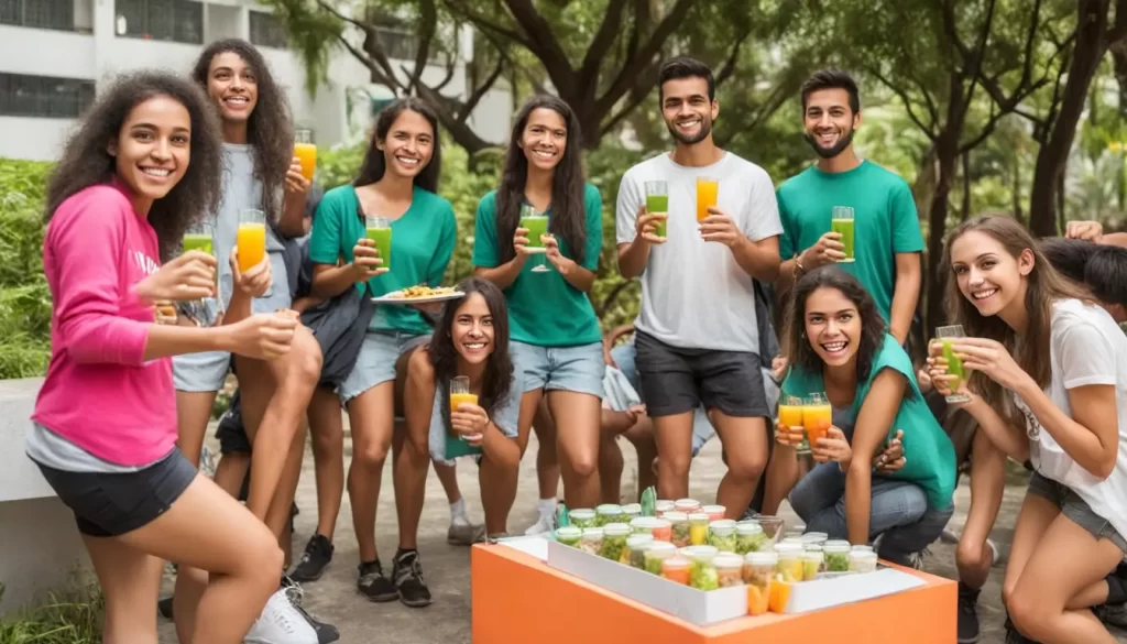 Grupo de jovens universitários sorridentes em um campus verde durante a recepção, com balões coloridos e uma faixa de boas-vindas.