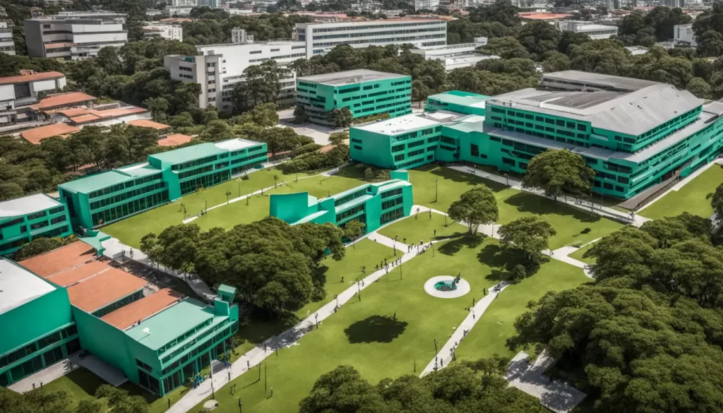 Estudantes no campus universitário, sentados na grama, com laptops e livros, cercados por árvores e edifícios.